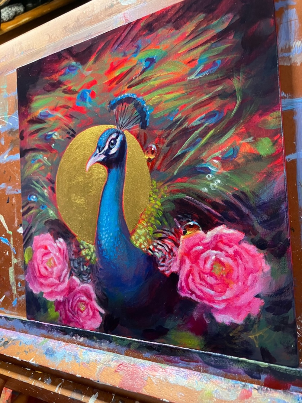 Peacock rose original painting bouquet floral still life surreal Artettina